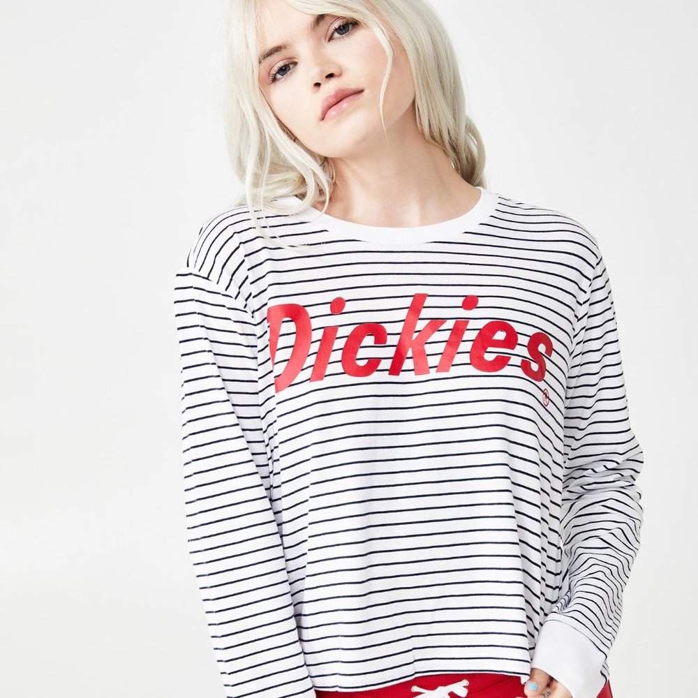 NWT! DICKIES - Stripe Long Sleeve Crop Logo Tee